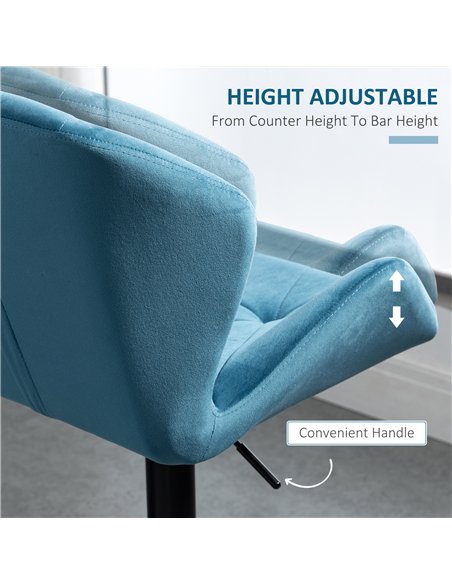 HOMCOM Bar Stools Set Of 2, Luxurious Velvet-Touch Barstools with Metal Frame Footrest Round Base Triangle Indenting Moulded Sea