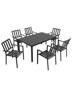 Outsunny Seven-Piece Minimal Metal Garden Dining Set, with Parasol Hole - Black