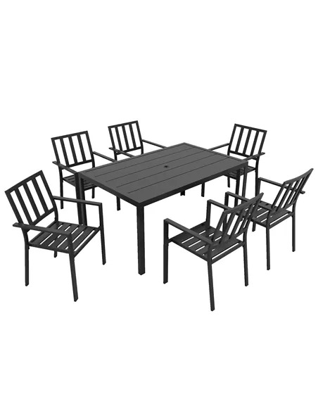 Outsunny Seven-Piece Minimal Metal Garden Dining Set, with Parasol Hole - Black