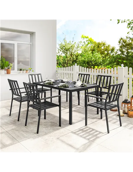Outsunny Seven-Piece Minimal Metal Garden Dining Set, with Parasol Hole - Black