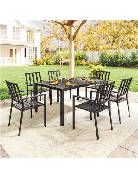 Outsunny Seven-Piece Minimal Metal Garden Dining Set, with Parasol Hole - Black