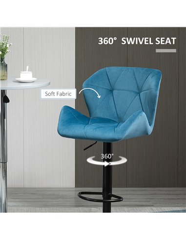 HOMCOM Bar Stools Set Of 2, Luxurious Velvet-Touch Barstools with Metal Frame Footrest Round Base Triangle Indenting Moulded Sea