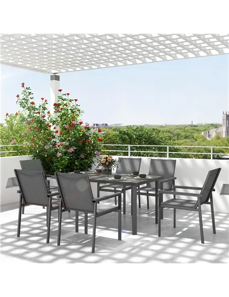 Outsunny Seven-Piece Metal Dining Set, with Glass-Top Table - Grey