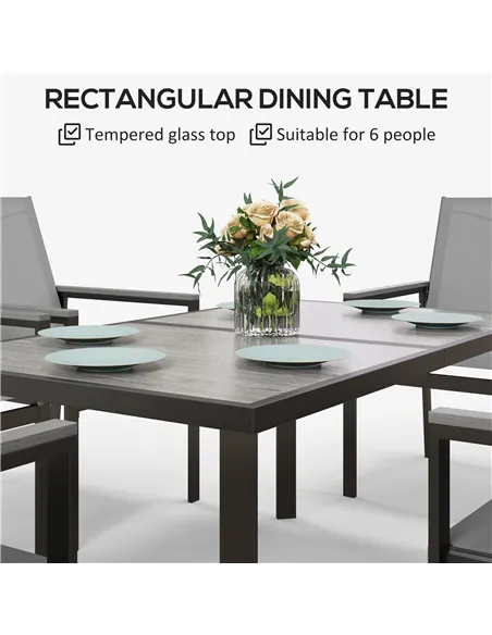 Outsunny Seven-Piece Metal Dining Set, with Glass-Top Table - Grey
