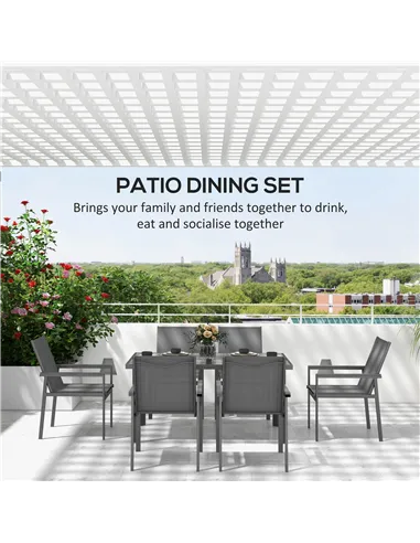 Outsunny Seven-Piece Metal Dining Set, with Glass-Top Table - Grey