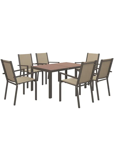Outsunny Seven-Piece Garden Dining Set, with Plastic Wood-Top Table - Brown
