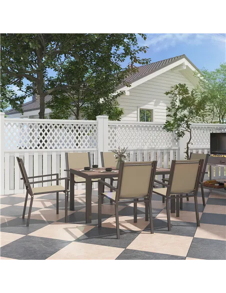 Outsunny Seven-Piece Garden Dining Set, with Plastic Wood-Top Table - Brown