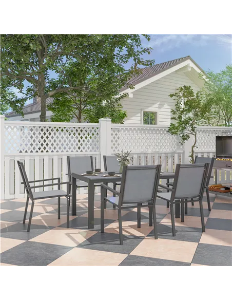 Outsunny Seven-Piece Garden Dining Set, with Plastic Wood-Top Table - Grey