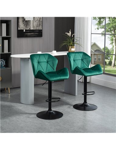 HOMCOM Bar Stools Set Of 2, Velvet-Touch Barstools with Metal Frame Footrest and Adjustable Height, Green