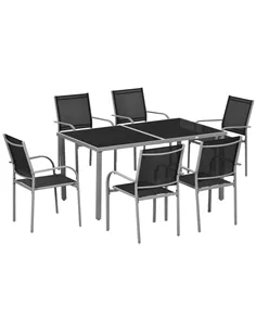 Outsunny 7 Piece Outdoor Garden Dining Set with Table and 6 Stackable Chairs, Steel Frame, Tempered Glass Top, Mesh Seats, Black