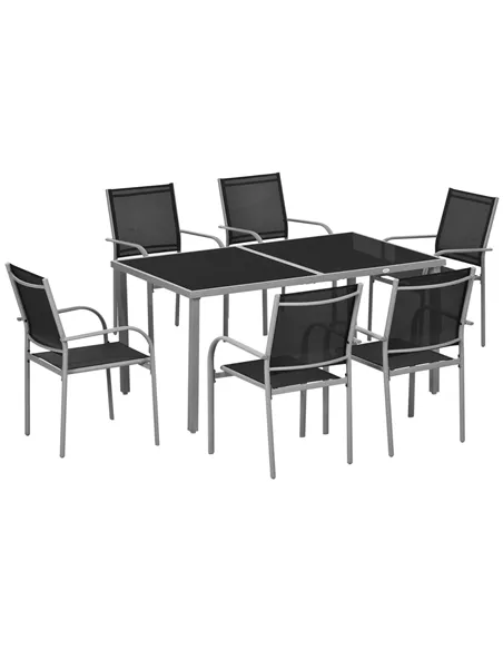 Outsunny 7 Piece Outdoor Garden Dining Set with Table and 6 Stackable Chairs, Steel Frame, Tempered Glass Top, Mesh Seats, Black