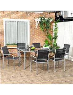 Outsunny 7 Piece Outdoor Garden Dining Set with Table and 6 Stackable Chairs, Steel Frame, Tempered Glass Top, Mesh Seats, Black 2