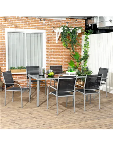 Outsunny 7 Piece Outdoor Garden Dining Set with Table and 6 Stackable Chairs, Steel Frame, Tempered Glass Top, Mesh Seats, Black