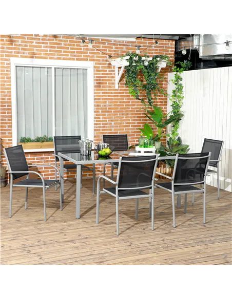 Outsunny 7 Piece Outdoor Garden Dining Set with Table and 6 Stackable Chairs, Steel Frame, Tempered Glass Top, Mesh Seats, Black