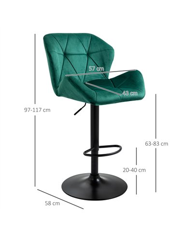 HOMCOM Bar Stools Set Of 2, Velvet-Touch Barstools with Metal Frame Footrest and Adjustable Height, Green
