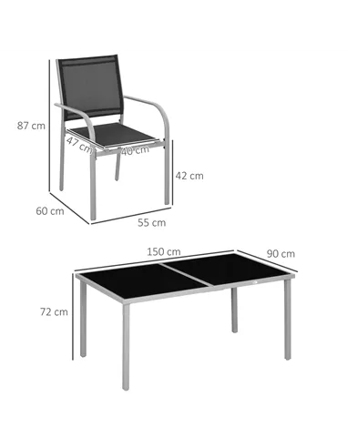 Outsunny 7 Piece Outdoor Garden Dining Set with Table and 6 Stackable Chairs, Steel Frame, Tempered Glass Top, Mesh Seats, Black