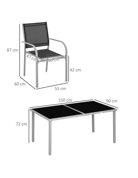 Outsunny 7 Piece Outdoor Garden Dining Set with Table and 6 Stackable Chairs, Steel Frame, Tempered Glass Top, Mesh Seats, Black