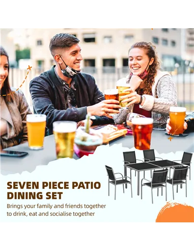 Outsunny 7 Piece Outdoor Garden Dining Set with Table and 6 Stackable Chairs, Steel Frame, Tempered Glass Top, Mesh Seats, Black