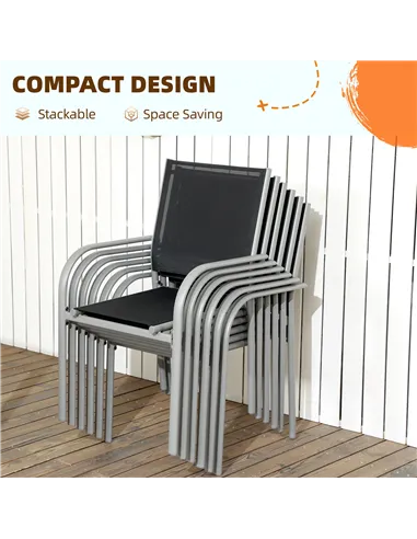 Outsunny 7 Piece Outdoor Garden Dining Set with Table and 6 Stackable Chairs, Steel Frame, Tempered Glass Top, Mesh Seats, Black