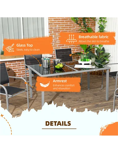 Outsunny 7 Piece Outdoor Garden Dining Set with Table and 6 Stackable Chairs, Steel Frame, Tempered Glass Top, Mesh Seats, Black