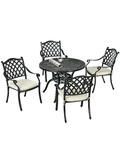 Outsunny Cast Aluminium 4 Seater Outdoor Dining Set with Cushions Parasol Hole Black