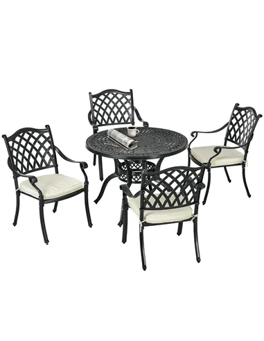 Outsunny Cast Aluminium 4 Seater Outdoor Dining Set with Cushions Parasol Hole Black