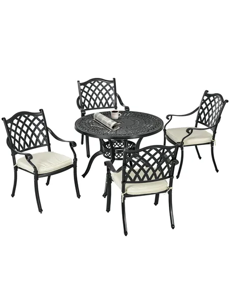 Outsunny Cast Aluminium 4 Seater Outdoor Dining Set with Cushions Parasol Hole Black