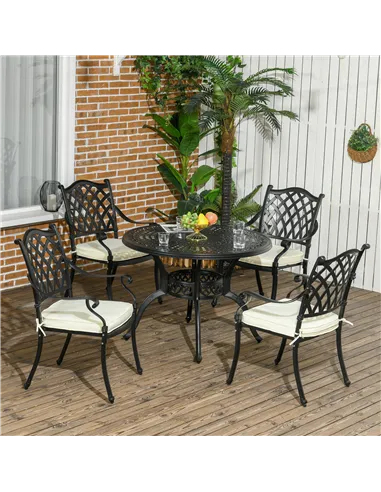 Outsunny Cast Aluminium 4 Seater Outdoor Dining Set with Cushions Parasol Hole Black