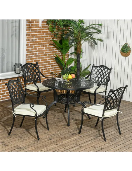 Outsunny Cast Aluminium 4 Seater Outdoor Dining Set with Cushions Parasol Hole Black