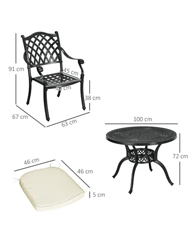 Outsunny Cast Aluminium 4 Seater Outdoor Dining Set with Cushions Parasol Hole Black
