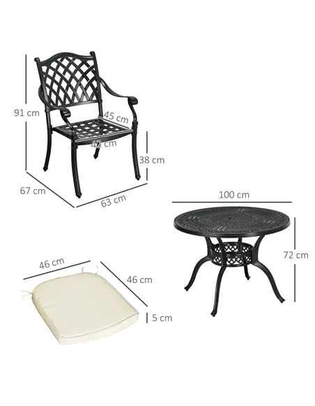 Outsunny Cast Aluminium 4 Seater Outdoor Dining Set with Cushions Parasol Hole Black
