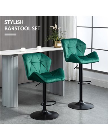 HOMCOM Bar Stools Set Of 2, Velvet-Touch Barstools with Metal Frame Footrest and Adjustable Height, Green