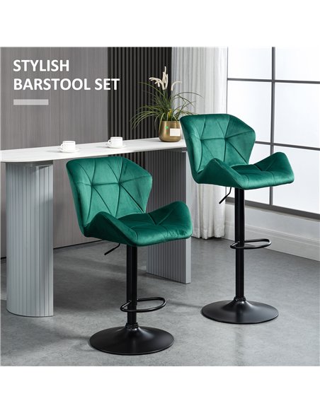 HOMCOM Bar Stools Set Of 2, Velvet-Touch Barstools with Metal Frame Footrest and Adjustable Height, Green