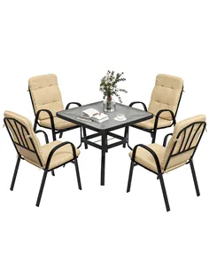 Outsunny 5 Pieces Outdoor Square Garden Dining Set w/ Tempered Glass Dining Table 4 Cushioned Armchairs, Umbrella Hole, Beige