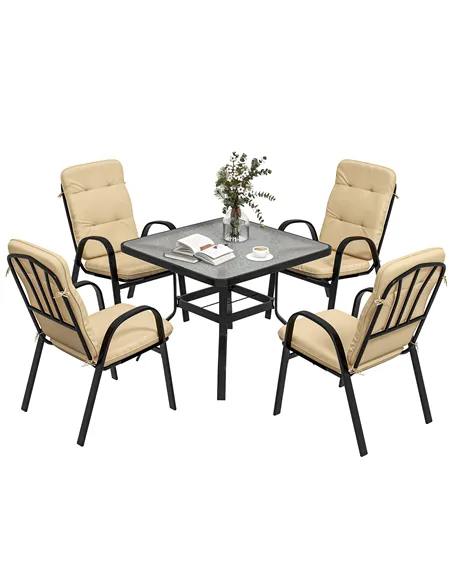 Outsunny 5 Pieces Outdoor Square Garden Dining Set w/ Tempered Glass Dining Table 4 Cushioned Armchairs, Umbrella Hole, Beige