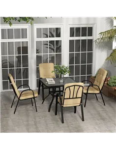 Outsunny 5 Pieces Outdoor Square Garden Dining Set w/ Tempered Glass Dining Table 4 Cushioned Armchairs, Umbrella Hole, Beige 2