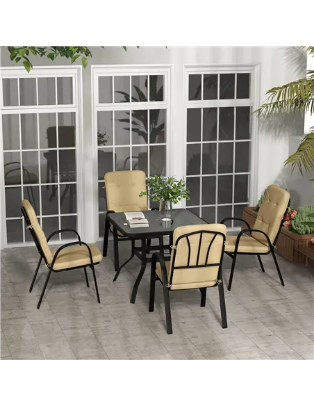 Outsunny 5 Pieces Outdoor Square Garden Dining Set w/ Tempered Glass Dining Table 4 Cushioned Armchairs, Umbrella Hole, Beige