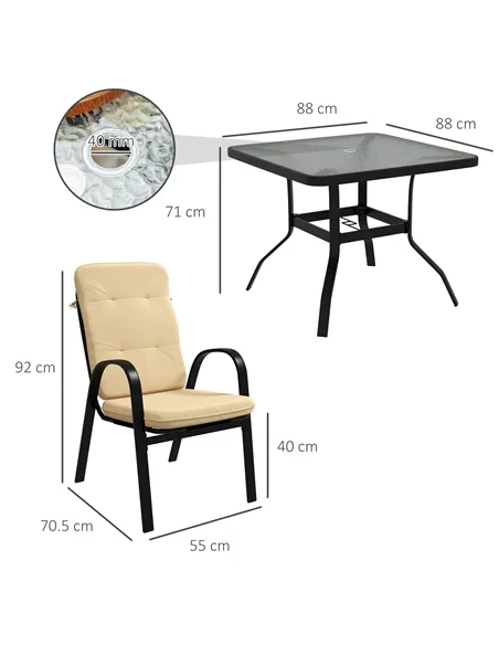 Outsunny 5 Pieces Outdoor Square Garden Dining Set w/ Tempered Glass Dining Table 4 Cushioned Armchairs, Umbrella Hole, Beige