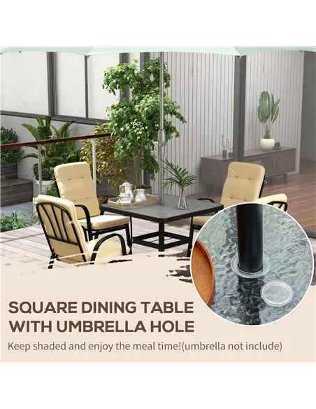 Outsunny 5 Pieces Outdoor Square Garden Dining Set w/ Tempered Glass Dining Table 4 Cushioned Armchairs, Umbrella Hole, Beige