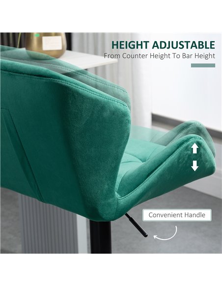 HOMCOM Bar Stools Set Of 2, Velvet-Touch Barstools with Metal Frame Footrest and Adjustable Height, Green