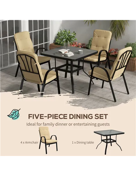 Outsunny 5 Pieces Outdoor Square Garden Dining Set w/ Tempered Glass Dining Table 4 Cushioned Armchairs, Umbrella Hole, Beige