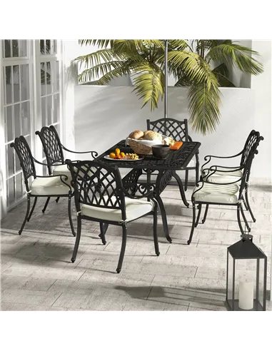 Outsunny 7 Pieces Aluminium Patio Dining Set with Umbrella Hole Black