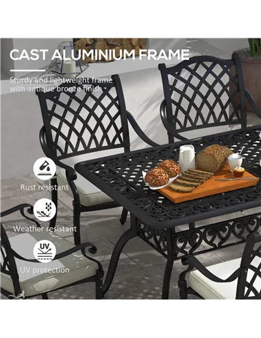 Outsunny 7 Pieces Aluminium Patio Dining Set with Umbrella Hole Black