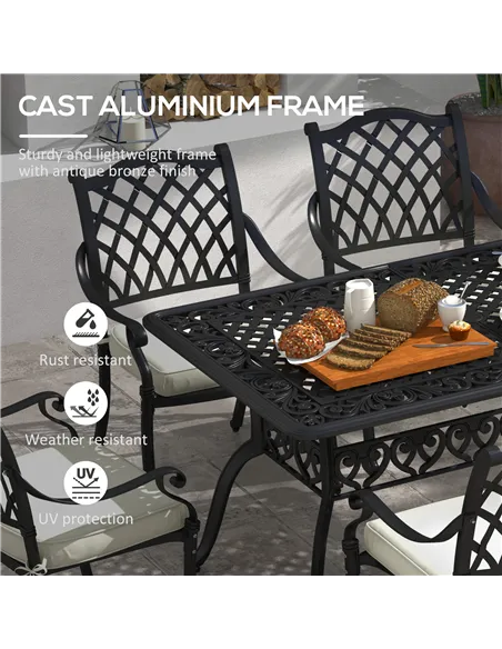 Outsunny 7 Pieces Aluminium Patio Dining Set with Umbrella Hole Black