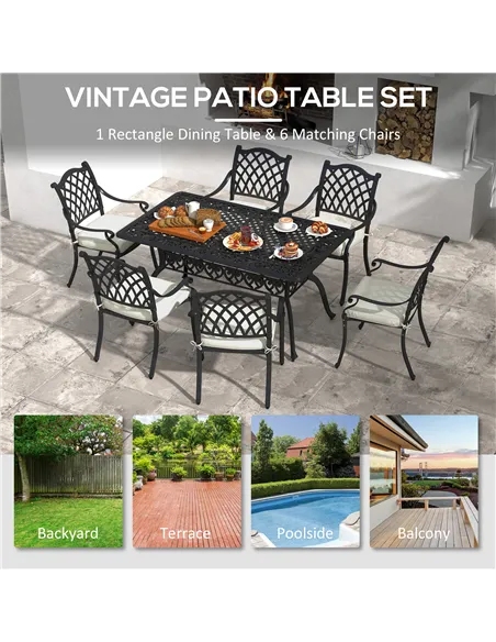Outsunny 7 Pieces Aluminium Patio Dining Set with Umbrella Hole Black