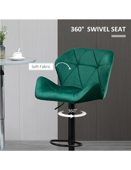 HOMCOM Bar Stools Set Of 2, Velvet-Touch Barstools with Metal Frame Footrest and Adjustable Height, Green