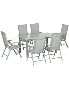 Outsunny 7 Piece Garden Dining Set, Outdoor Table and 6 Folding and Reclining Chairs, Aluminium Frame, Tempered Glass Top Table,