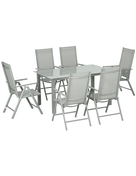 Outsunny 7 Piece Garden Dining Set, Outdoor Table and 6 Folding and Reclining Chairs, Aluminium Frame, Tempered Glass Top Table,