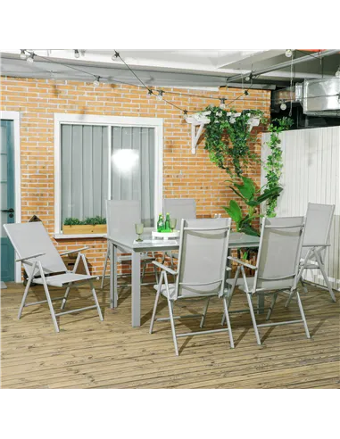 Outsunny 7 Piece Garden Dining Set, Outdoor Table and 6 Folding and Reclining Chairs, Aluminium Frame, Tempered Glass Top Table,
