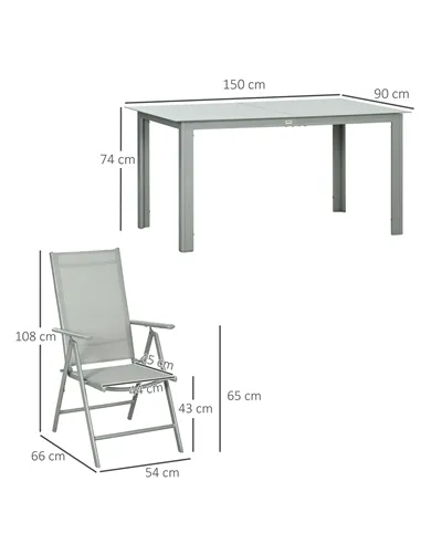 Outsunny 7 Piece Garden Dining Set, Outdoor Table and 6 Folding and Reclining Chairs, Aluminium Frame, Tempered Glass Top Table,